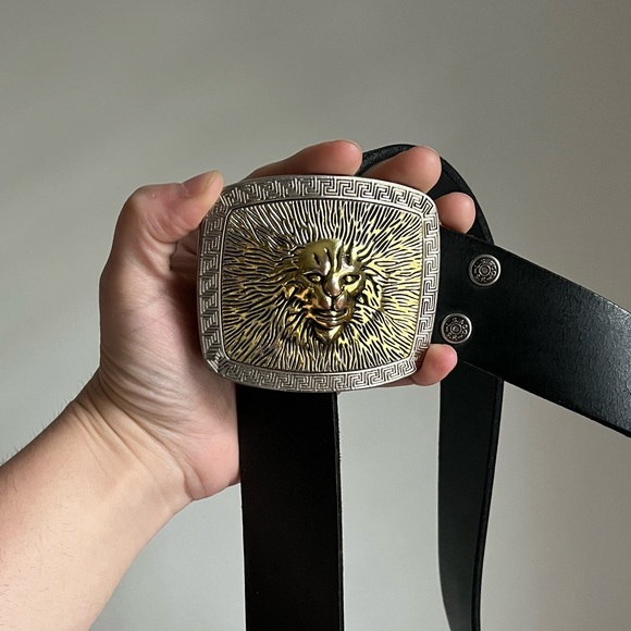 Vintage Vivek #1 Metal Silver & Gold Tone Lion Head Belt Buckle w/Levi’s Belt - Picture 4 of 5